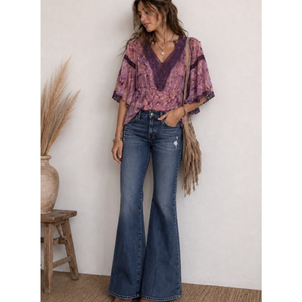 Free People Purple Indie Crochet Boho Blouse Womens S Festival Flutter 70s Style